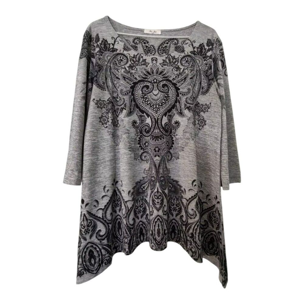 Rue Juju Size L Women's Blouse Top Black Gray Paisley Silver Sequin Accents